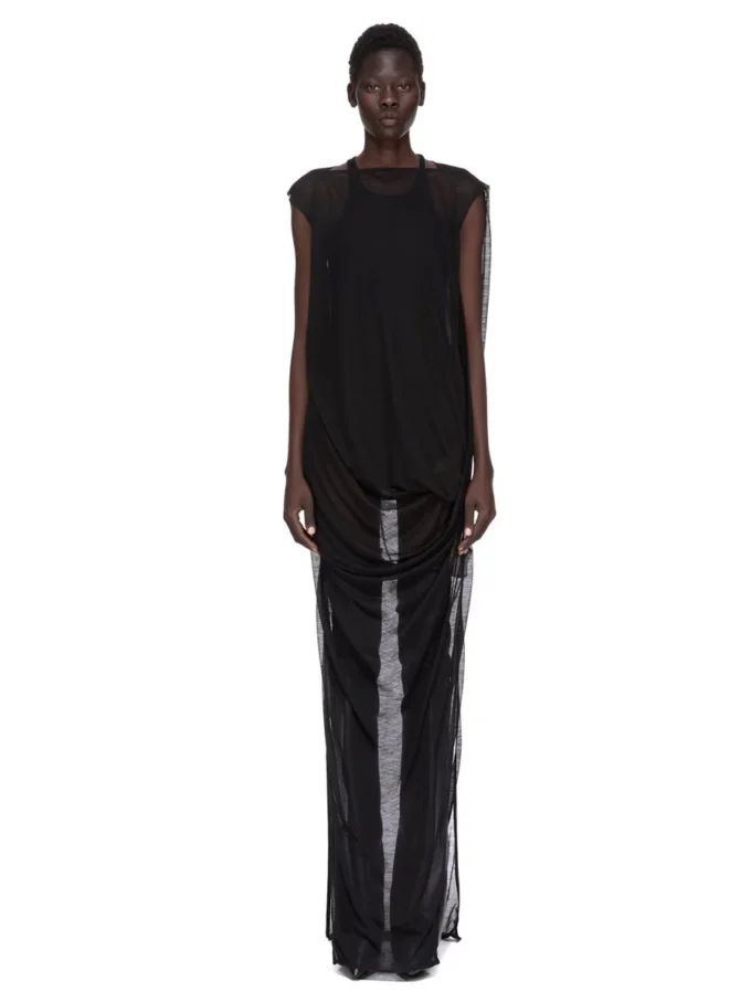 RICK OWENS FW25 CONCORDIANS NOUVEAU KLEID AUS SCHWARZEM, DURCHSCHEINENDEM WOLLJERSEY. RP02E4574JWR-09 RICK OWENS FW25 CONCORDIANS NOUVEAU KLEID AUS SCHWARZEM, DURCHSCHEINENDEM WOLLJERSEY. RP02E4574JWR-09
