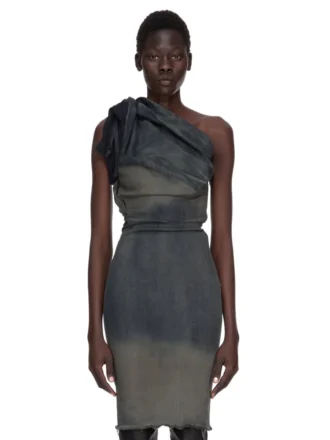RICK OWENS FW25 CONCORDIANS TWIST DRESS IN DRKDUST DEGRADE SLUB STRETCH DENIM. RP02E4521SDKDEG-78D
