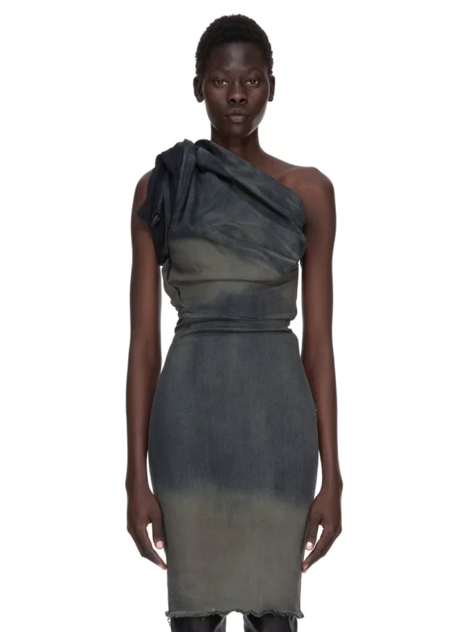 RICK OWENS FW25 CONCORDIANS TWIST DRESS IN DRKDUST DEGRADE SLUB STRETCH DENIM. RP02E4521SDKDEG-78D RICK OWENS FW25 CONCORDIANS TWIST DRESS IN DRKDUST DEGRADE SLUB STRETCH DENIM. RP02E4521SDKDEG-78D